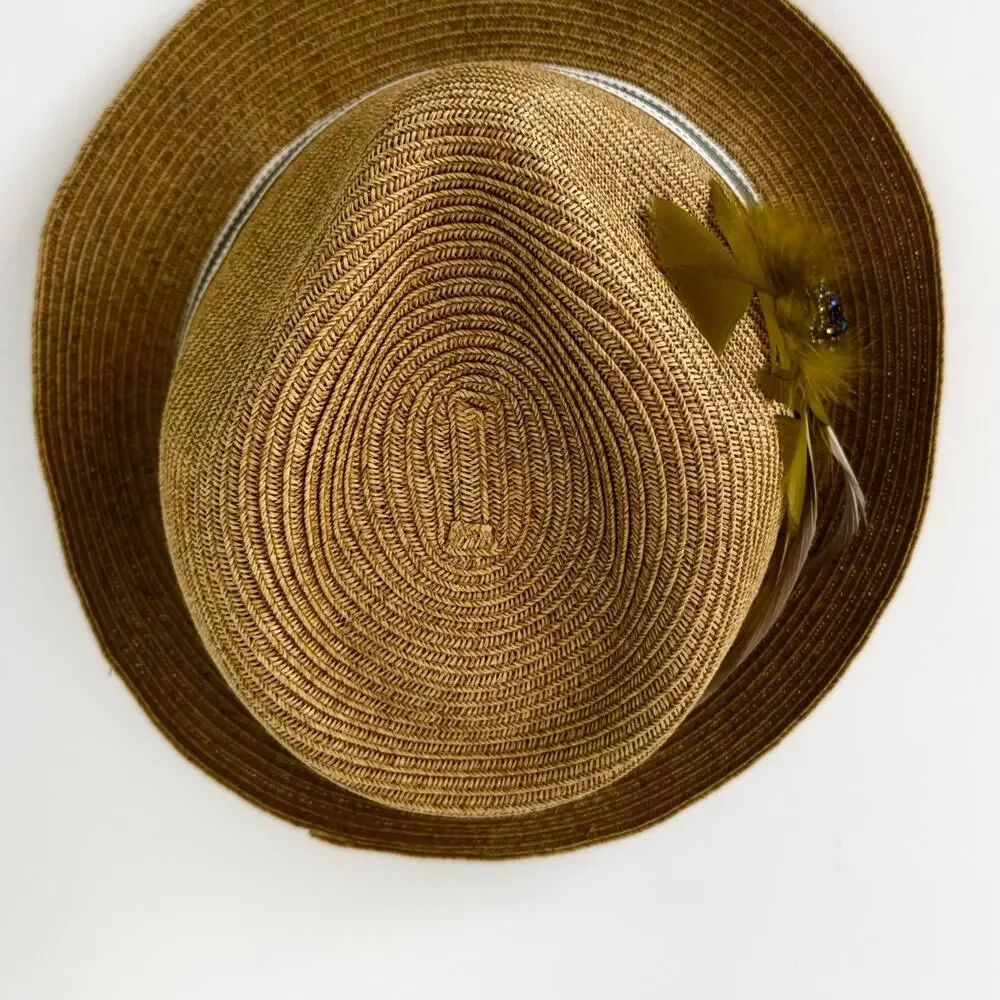 Uno Alla Volta Fedora Raffia Hat Feather Gems Rhinestone Band Tan Made in USA